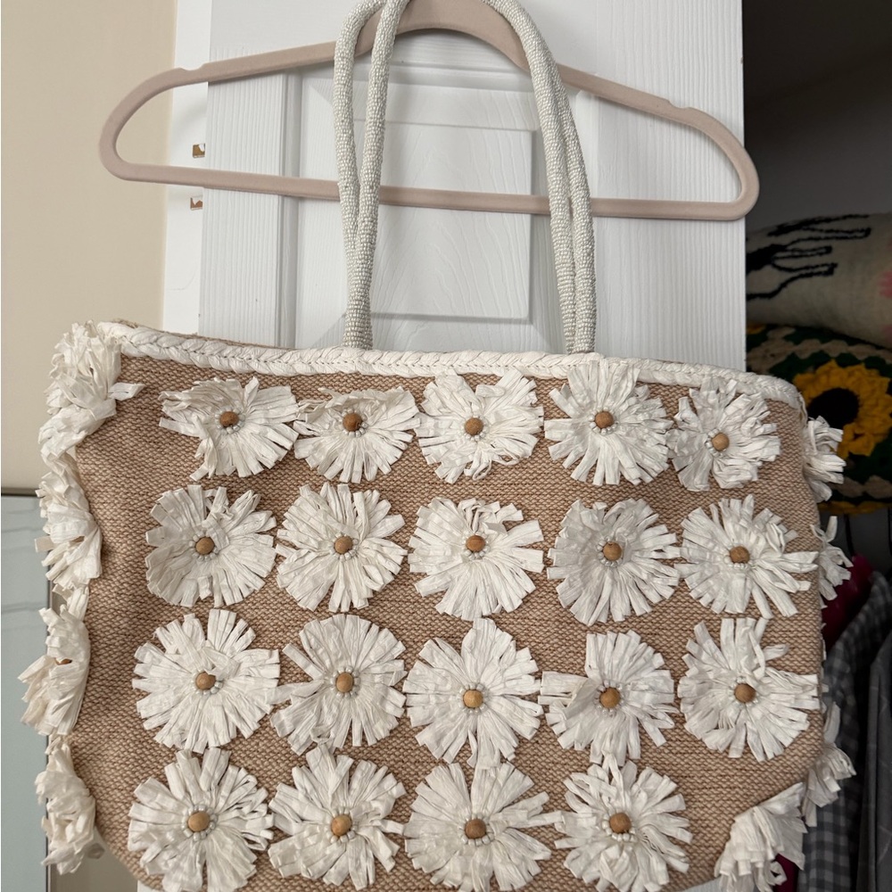 Woven Floral Straw Tote Bag in Natural and White